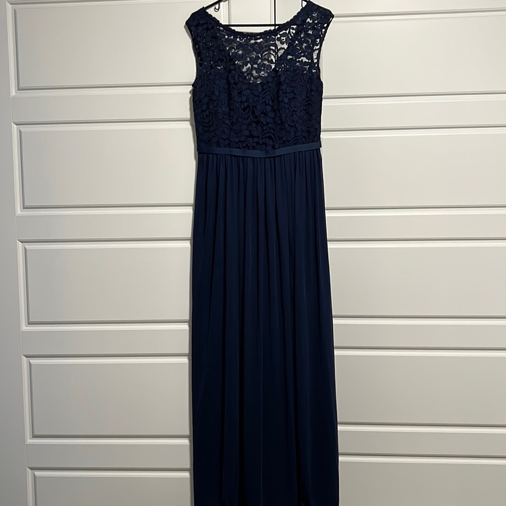Navy blue bridesmaids dress from David’s Bridal. Lace top, chiffon bottom